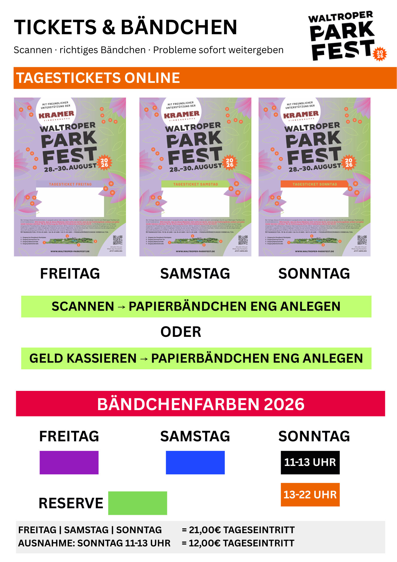 Original-Infosheet: Tagestickets und Bändchenfarben 2026